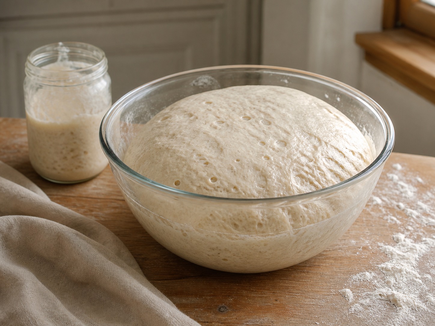 Bubbly basic sourdough dough at the end of bulk fermentation in a clear glass bowl beside a jar of active starter.