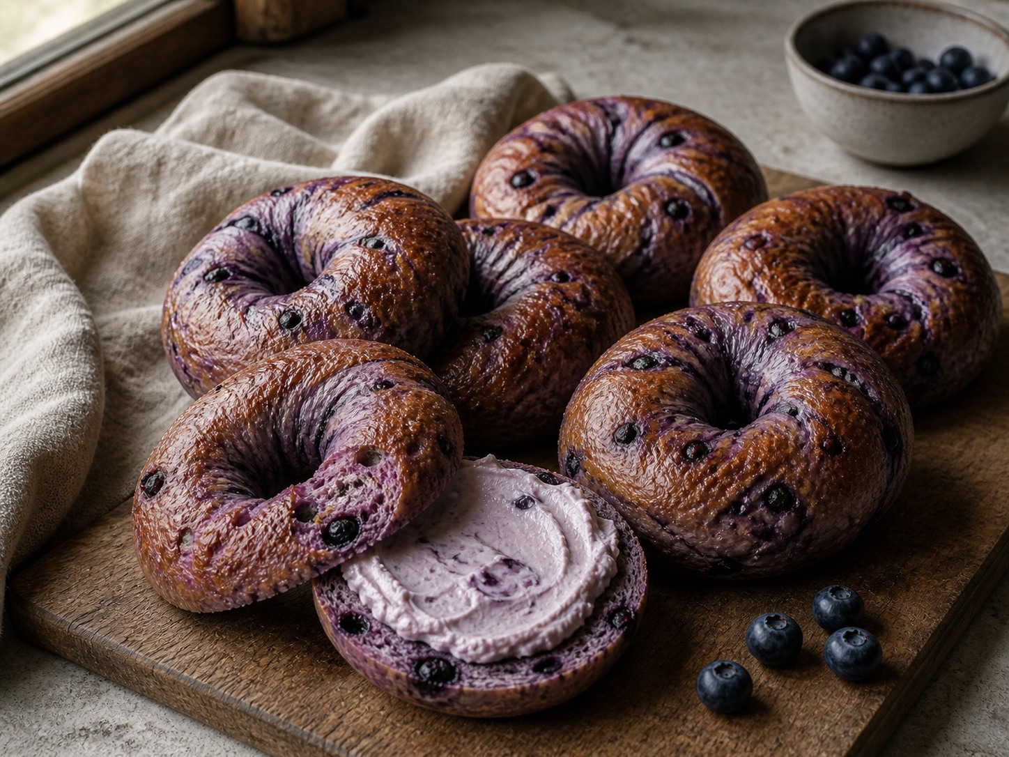 Blueberry-streaked sourdough bagels on a wooden board, one sliced and spread with blueberry cream cheese.