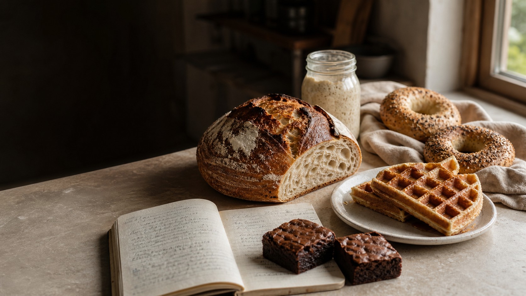 Sourdough loaf, bagels, waffles, brownies, starter, and a recipe notebook on a home kitchen counter.