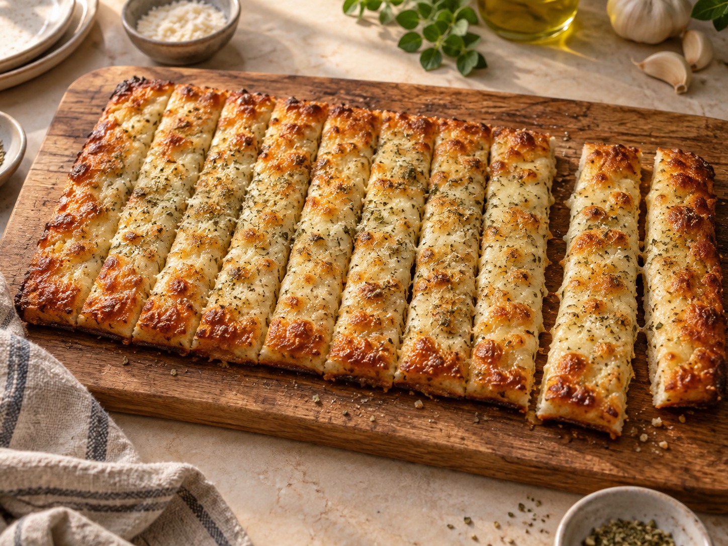 Golden sourdough Italian cheese bread cut into strips, with browned mozzarella and herbs on a thin baked starter base.