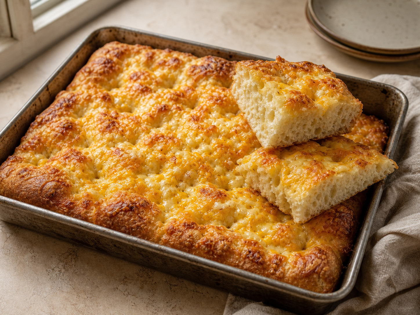 Cheesy garlic sourdough focaccia in a metal pan with two cut pieces showing its airy crumb.
