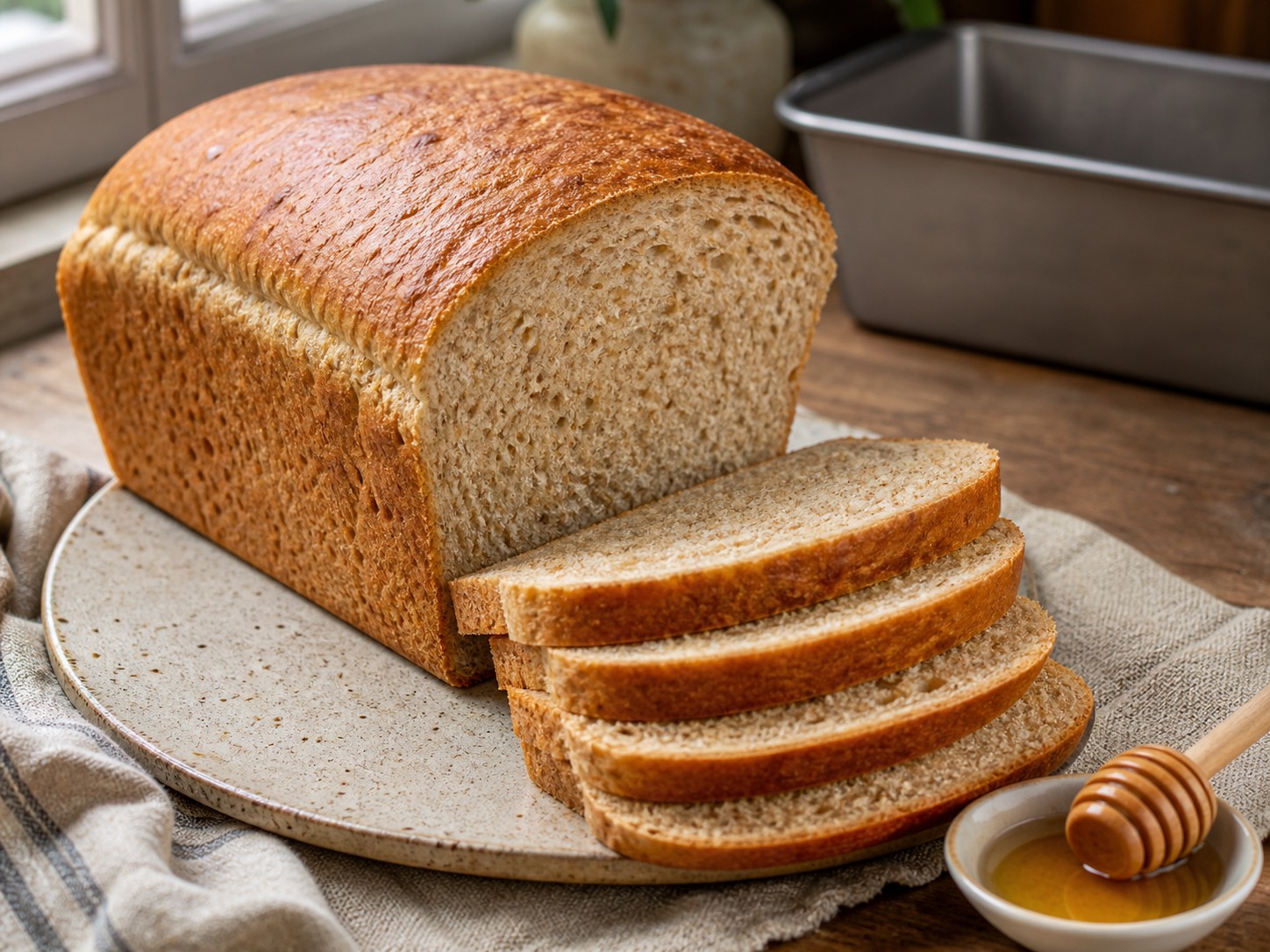 Sliced honey-wheat sourdough sandwich loaf with a soft tan crumb beside a loaf pan and honey dipper.