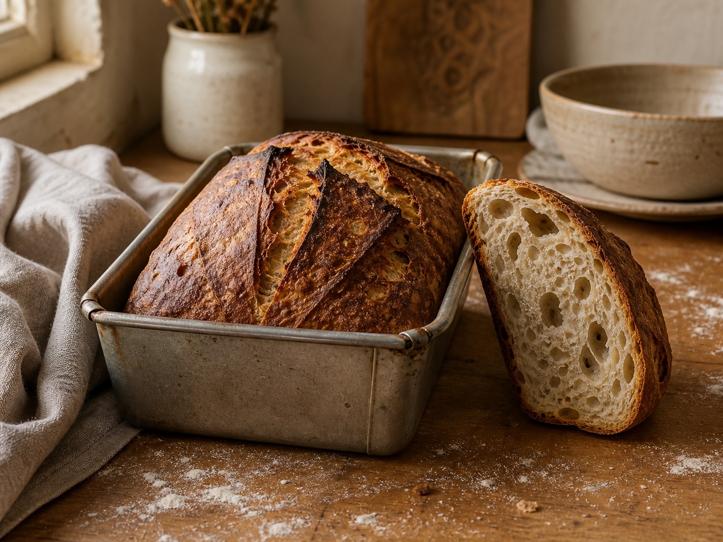 A deeply browned same-day sourdough loaf in a loaf pan, sliced to show its open crumb.