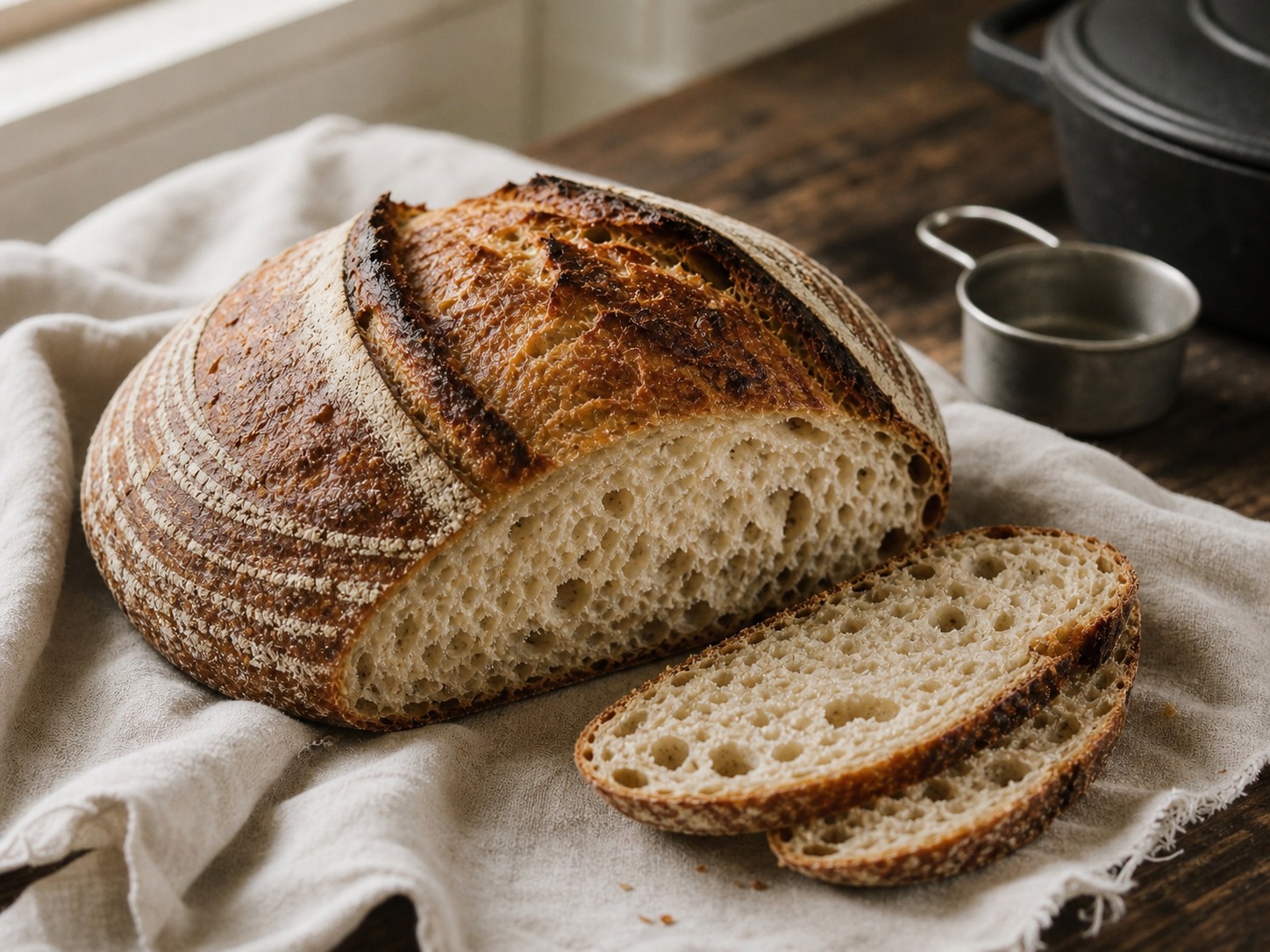 Same-day cup-measured sourdough boule sliced to show its airy crumb beside a measuring cup and Dutch oven.