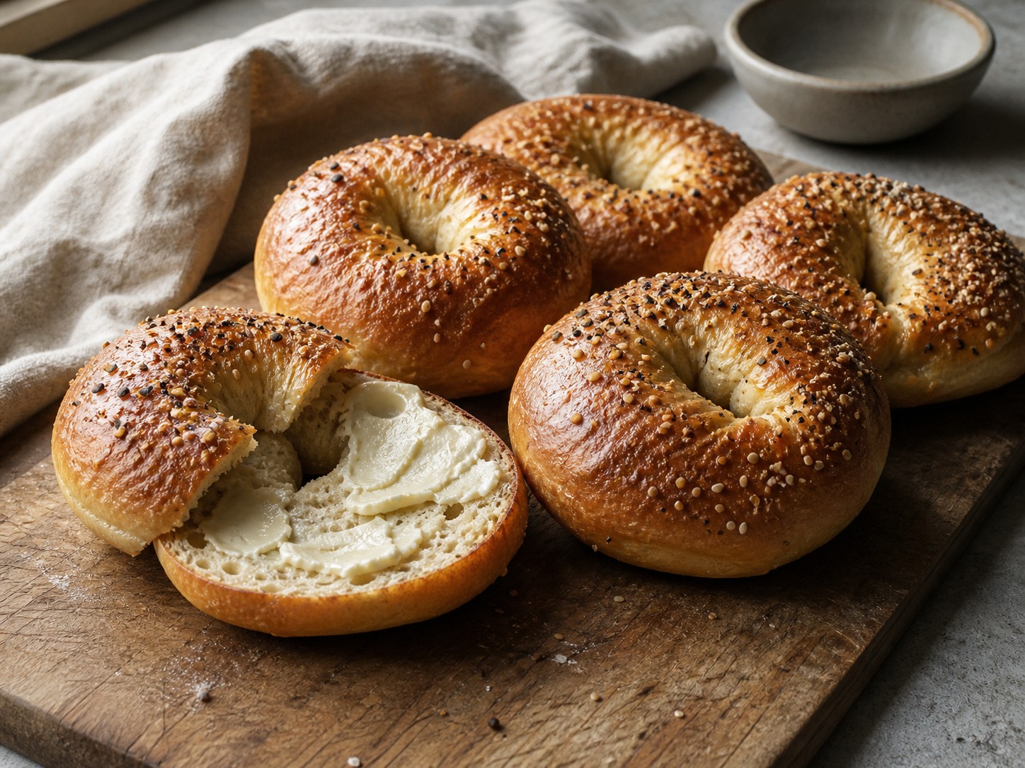 Golden sourdough bagels stacked on a wooden board beside a jar of starter.