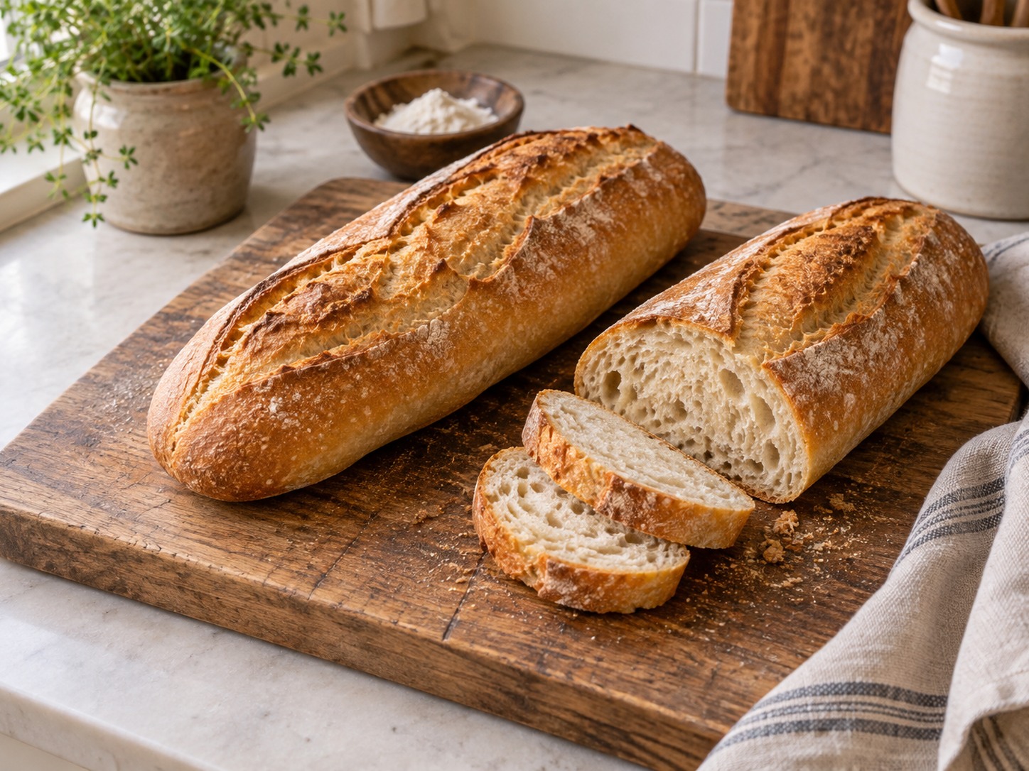 Two golden homemade sourdough baguettes on a wooden board, one sliced to show its soft crumb.