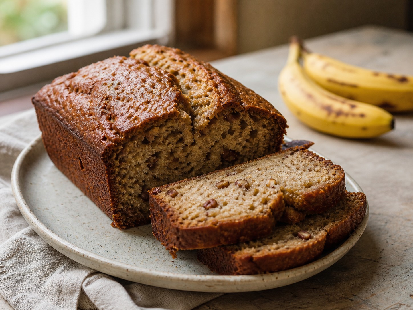 Sliced sourdough banana bread loaf with ripe bananas on a linen-lined kitchen table.