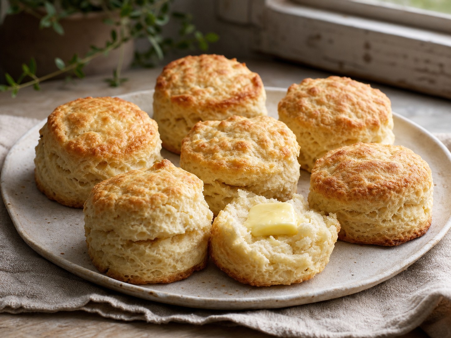 Flaky golden sourdough biscuits piled in a handmade ceramic dish.