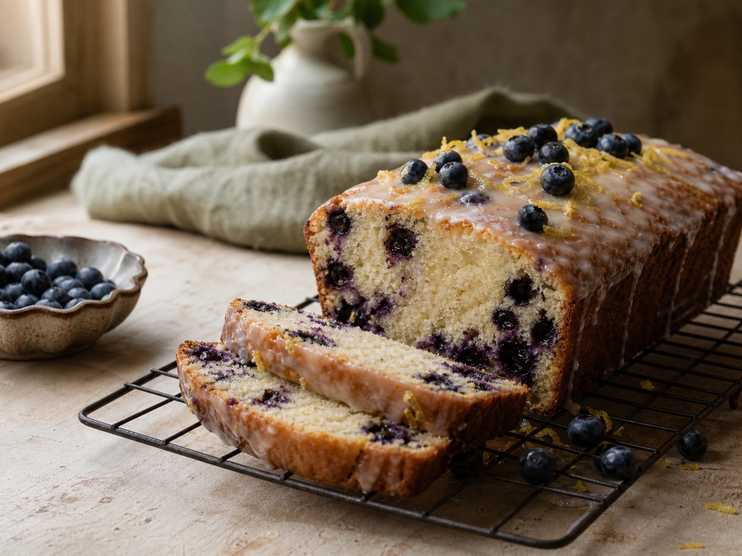 Sliced blueberry lemon sourdough loaf cake with glaze and fresh blueberries.