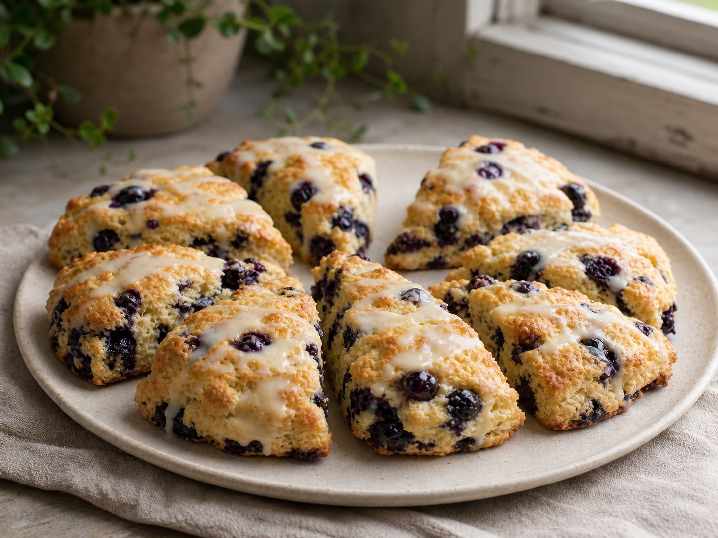 Eight golden sourdough blueberry lemon scones with a light lemon glaze on a cream ceramic plate.