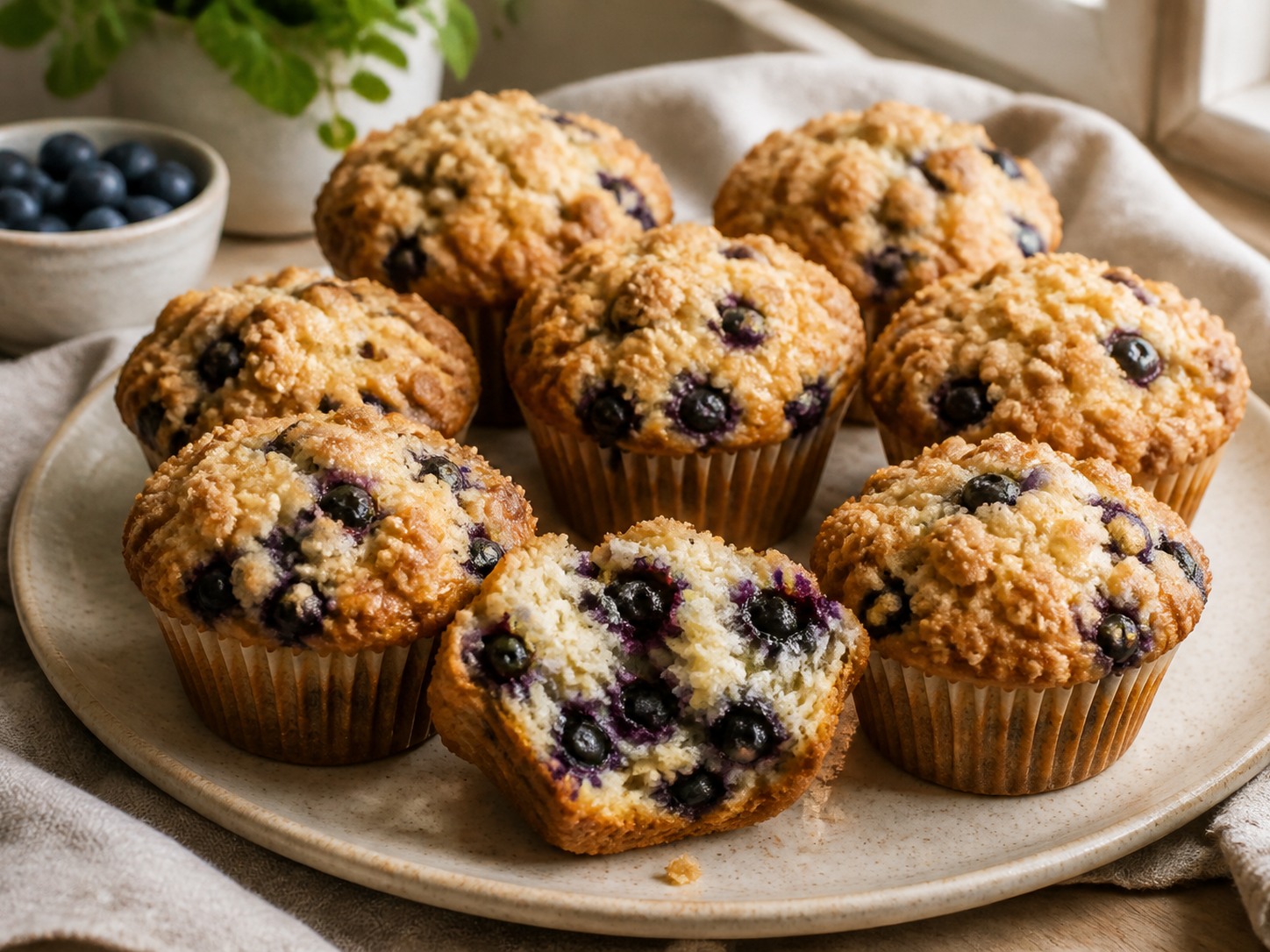 Golden sourdough blueberry muffins with buttery streusel tops, one split to show its tender wild-blueberry crumb.
