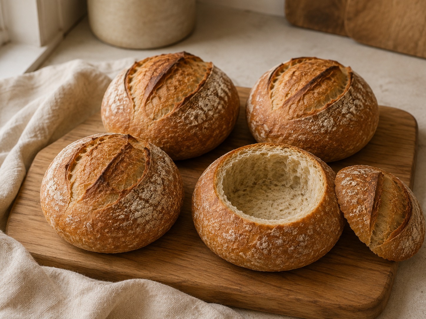 Four golden sourdough mini loaves on a wooden board, one hollowed into a bread bowl with its lid beside it.