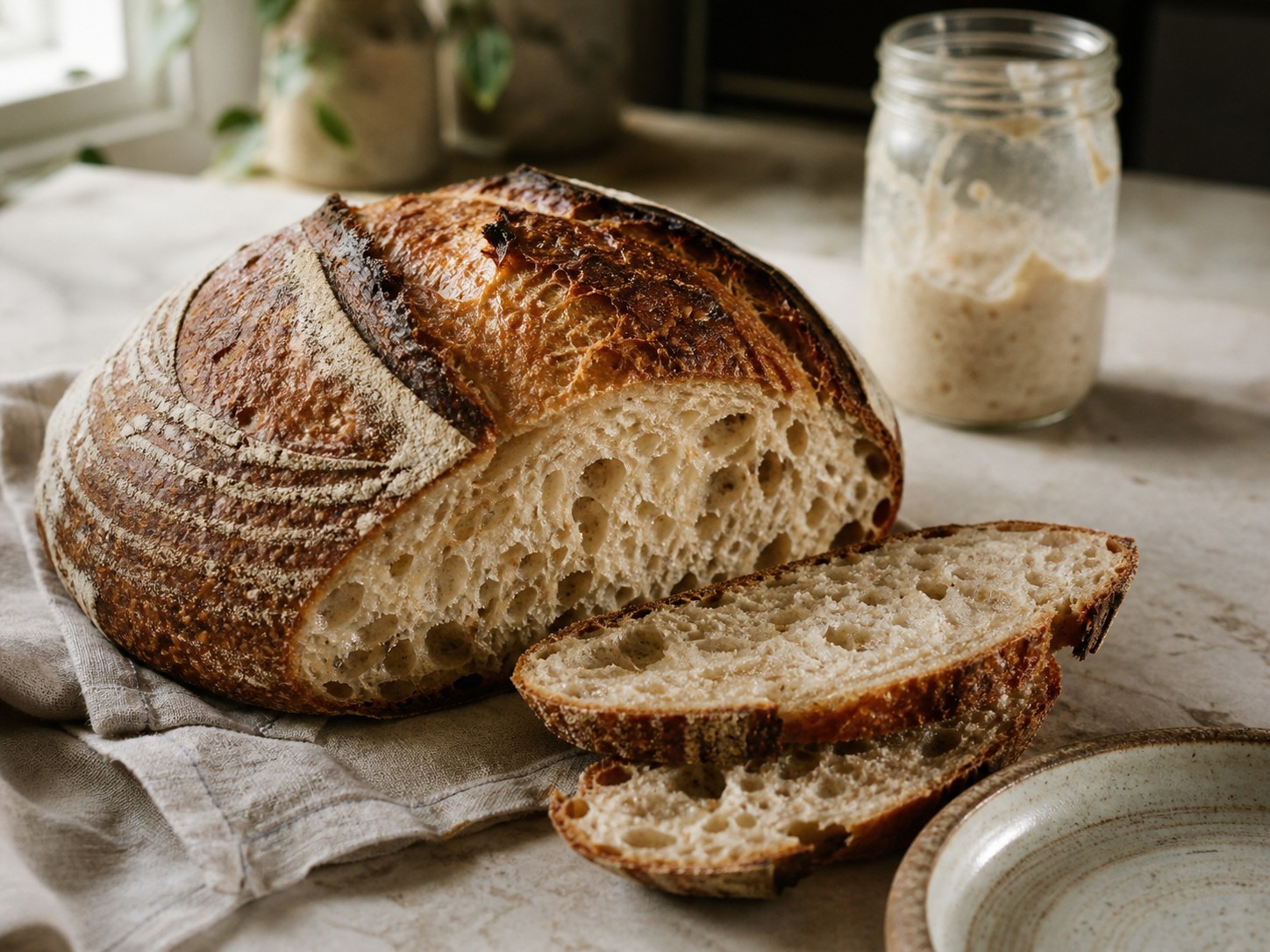 Crusty scored sourdough boule sliced open to show its airy crumb beside a jar of starter.