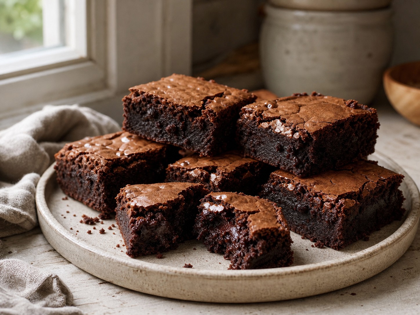 Fudgy sourdough brownies cut into squares with crackled chocolate tops.