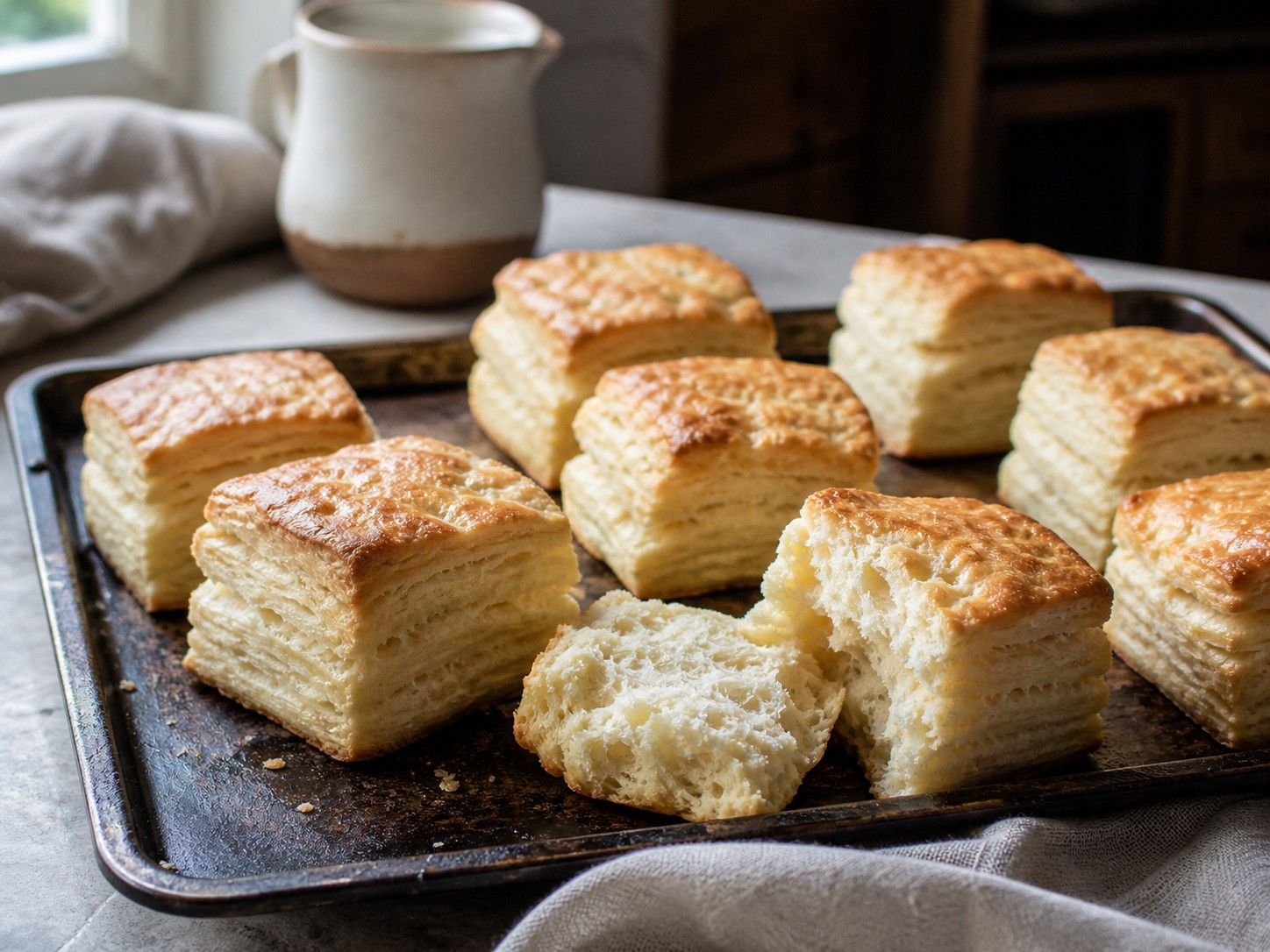 Tall flaky sourdough buttermilk biscuits split open on a baking tray.