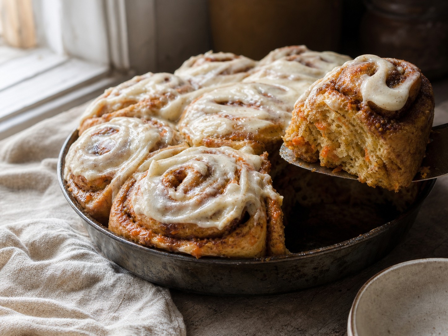 Glazed sourdough carrot cinnamon rolls nestled together in a baking dish.