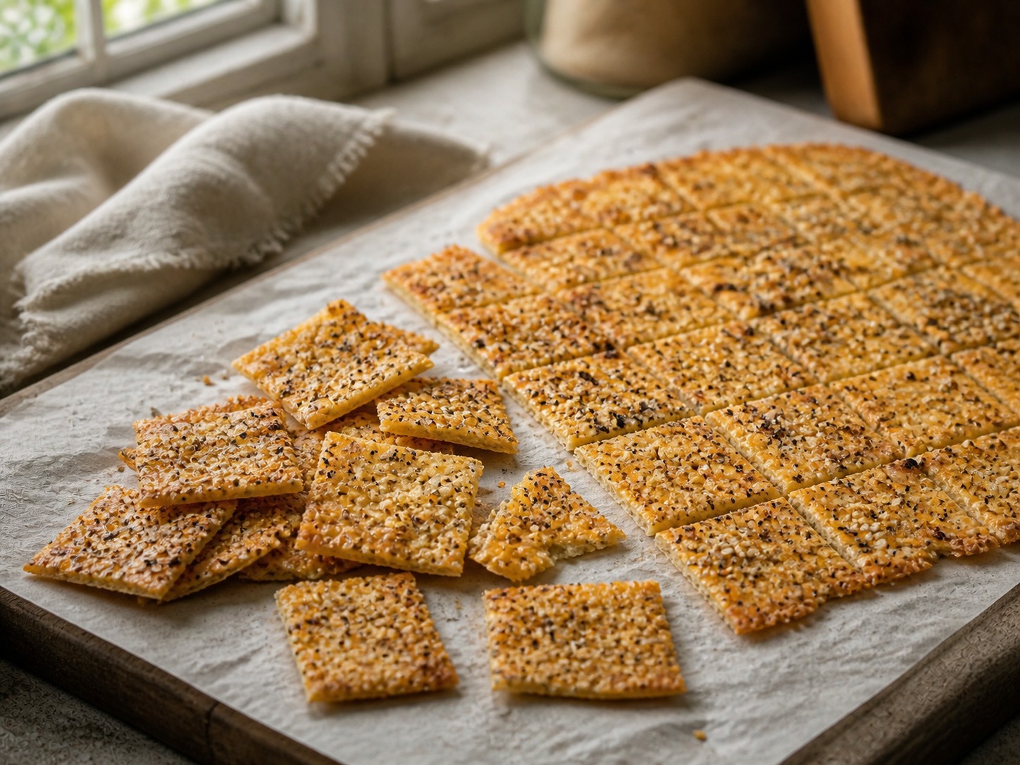 Thin golden sourdough cheese crackers topped with everything seasoning, partly broken from a scored sheet.