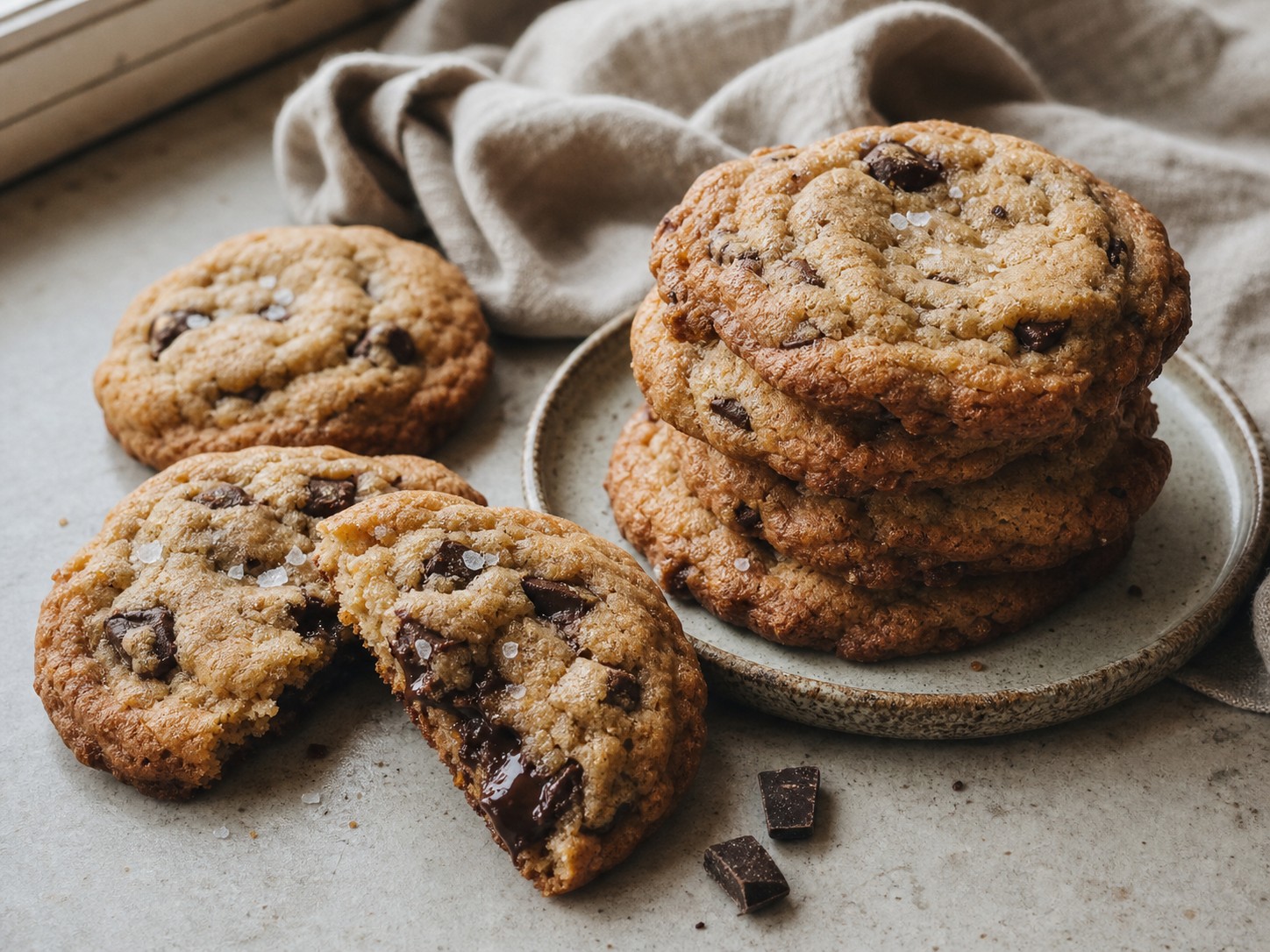 Thick sourdough chocolate chip cookies with craggy golden edges beside a jar of starter.