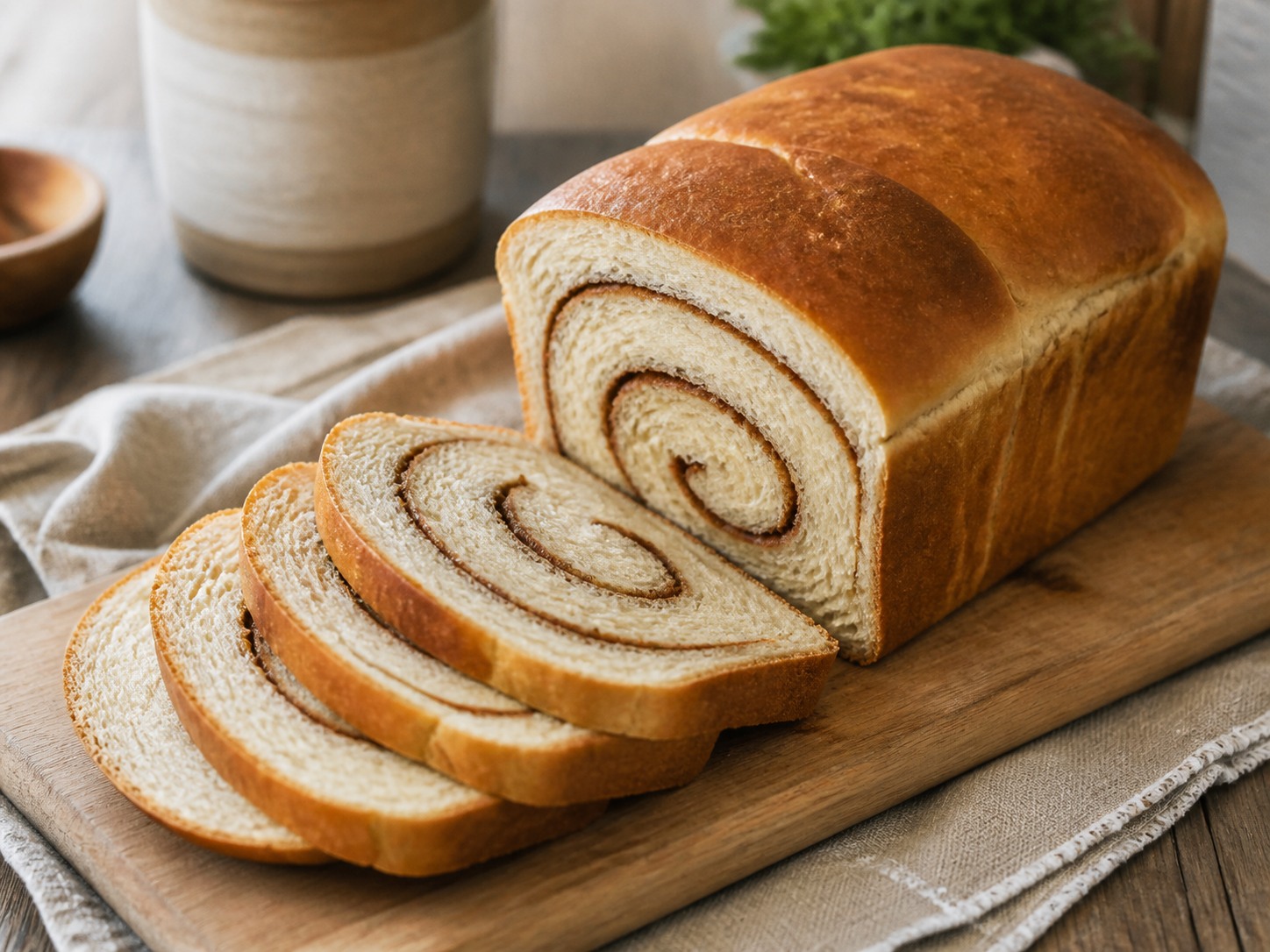 Golden sourdough cinnamon swirl sandwich loaf with several tender slices revealing a defined brown-sugar cinnamon spiral.