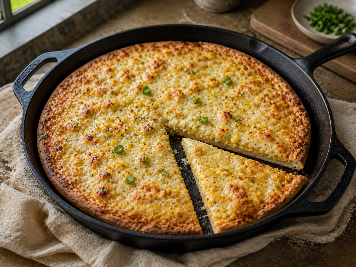 Sourdough corn cheese pizza in a cast-iron skillet with browned mozzarella, creamy corn, scallions, and a thin crisp starter crust.