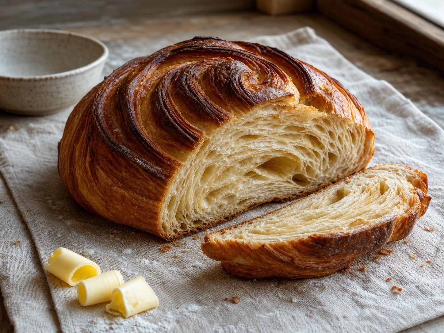 Buttery laminated sourdough croissant loaf sliced to reveal swirled layers.