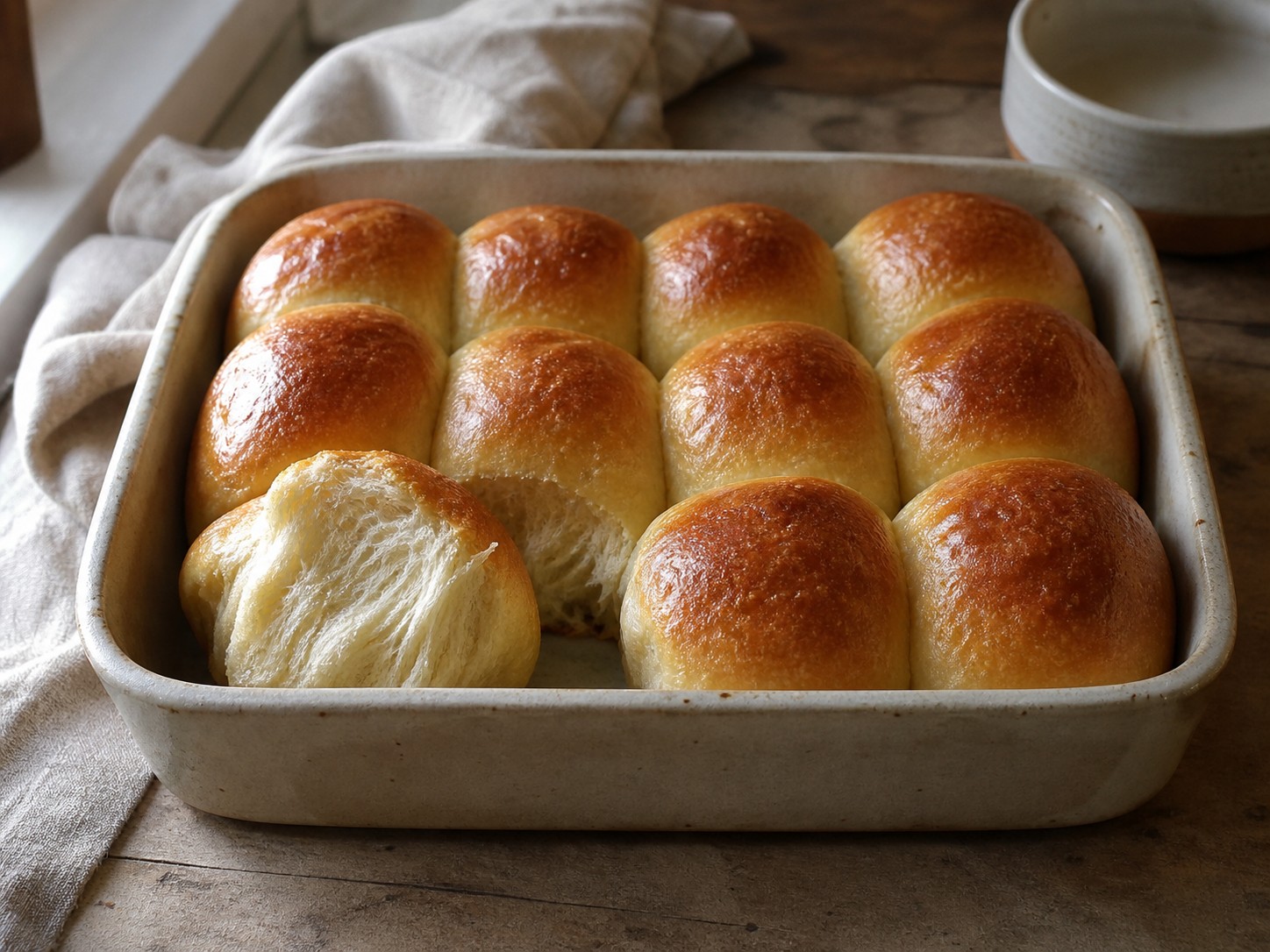 Shiny golden sourdough dinner rolls baked together in a rectangular pan.