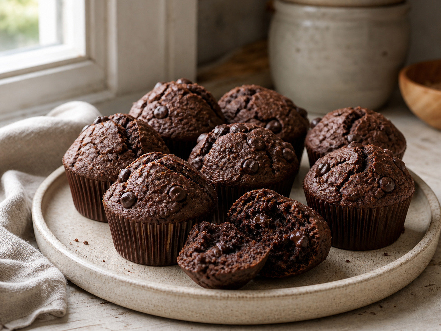 Domed sourdough double chocolate muffins with visible chocolate chips, one split to show its tender cocoa crumb.