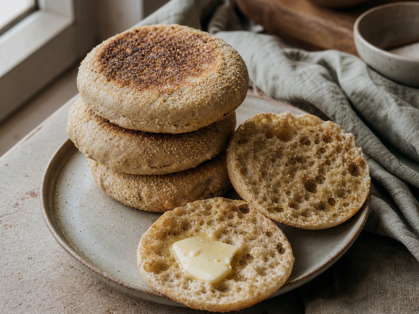 Split sourdough English muffins with toasted craggy interiors on a wooden board.