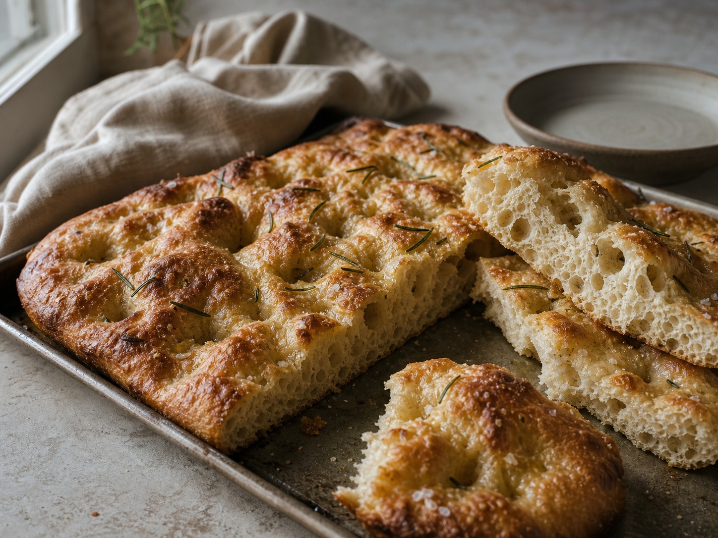 Golden sourdough focaccia cut into squares with olive oil and rosemary.