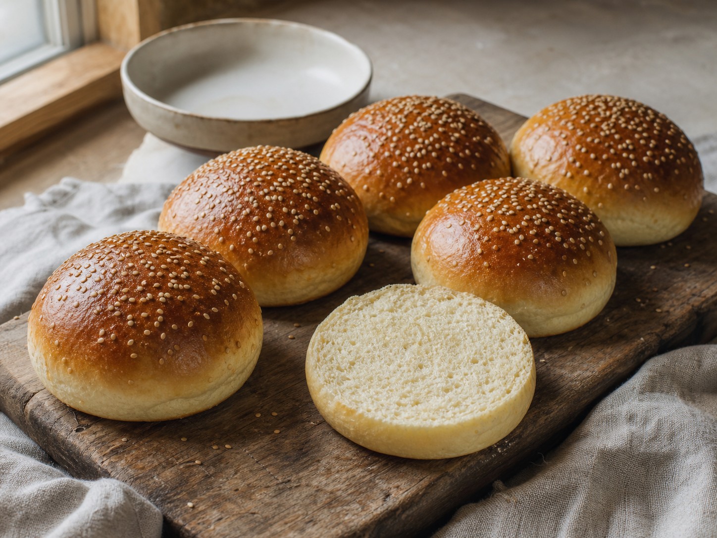 Soft golden sourdough hamburger buns arranged on a flour-dusted kitchen table.