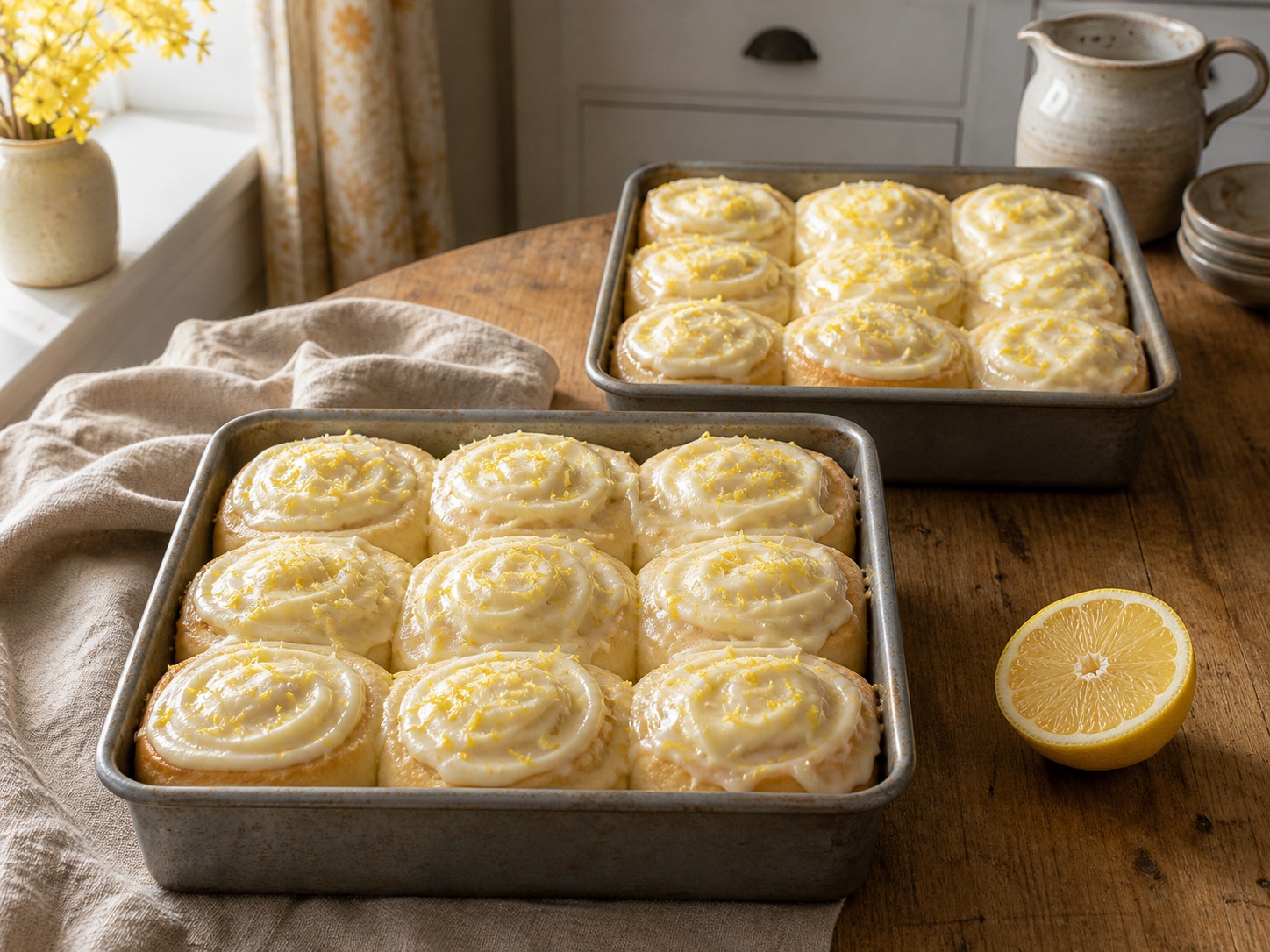 Golden sourdough lemon rolls with lemon cream cheese frosting and fresh lemon zest in two square baking pans.