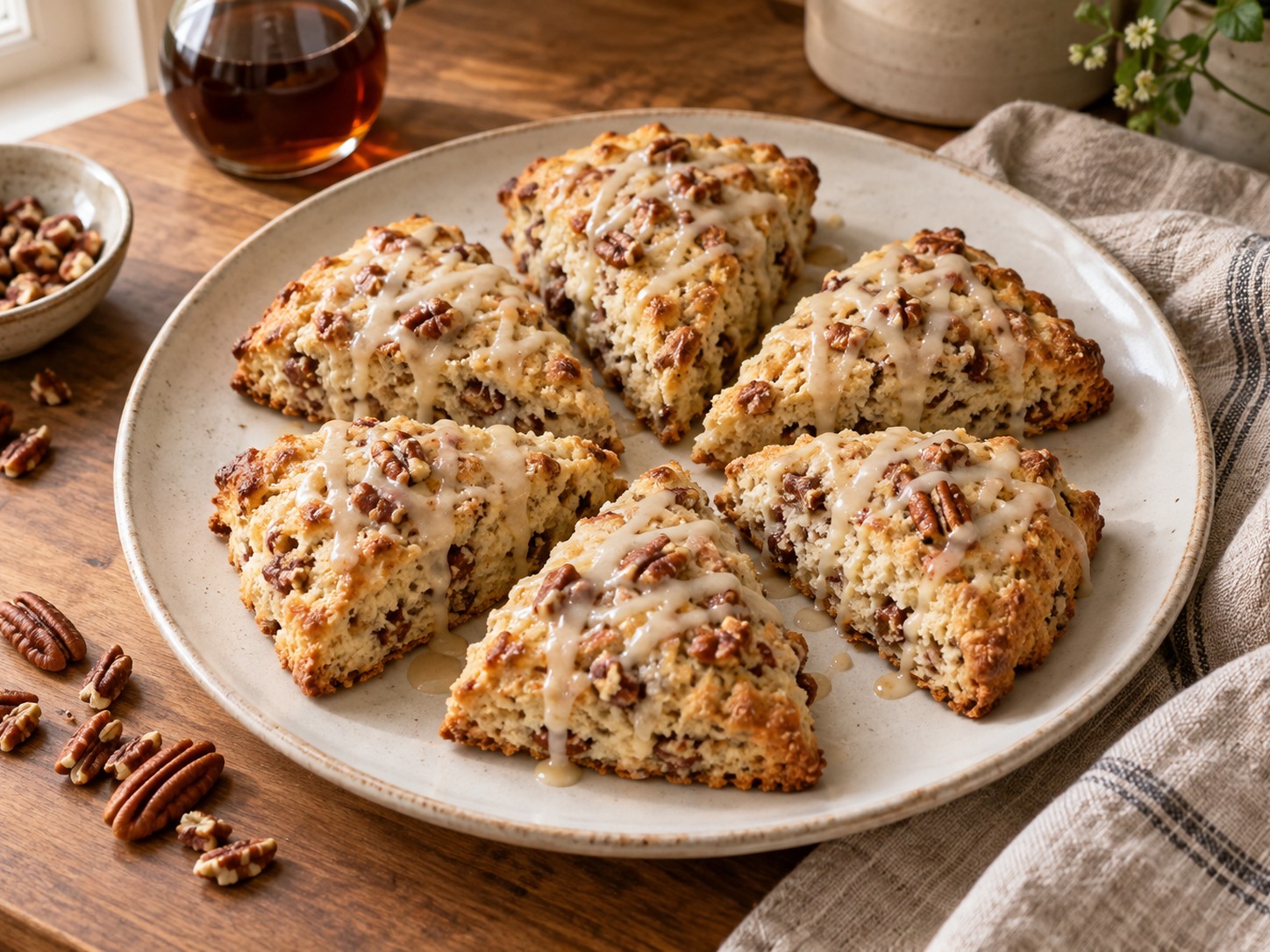 Triangular sourdough pecan scones drizzled with maple glaze on a cream plate.