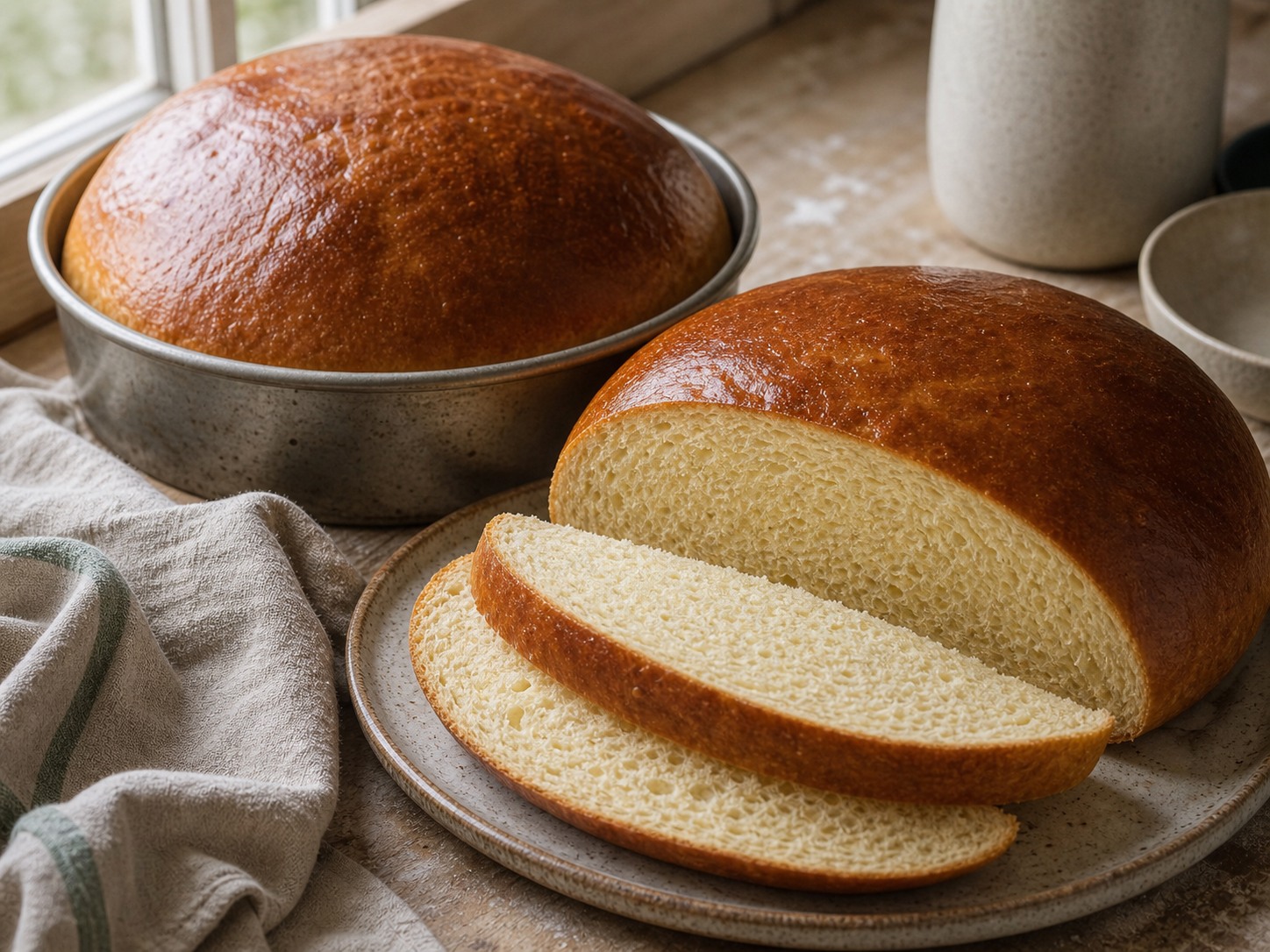 Two glossy round sourdough massa sovada loaves, one sliced to show its soft golden crumb.