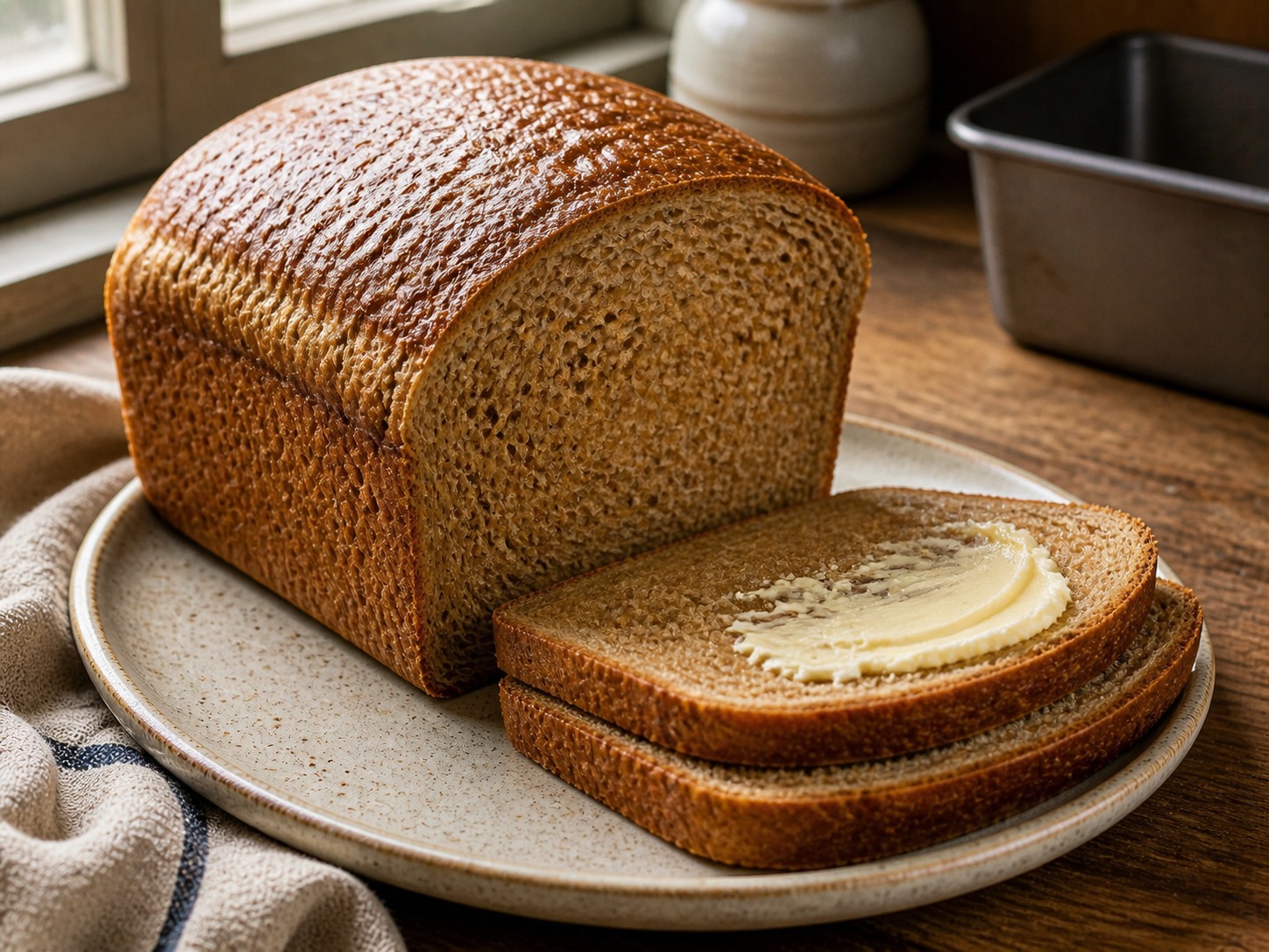 Deep brown sourdough molasses sandwich loaf with a tender whole-wheat crumb and two buttered slices on a ceramic plate.