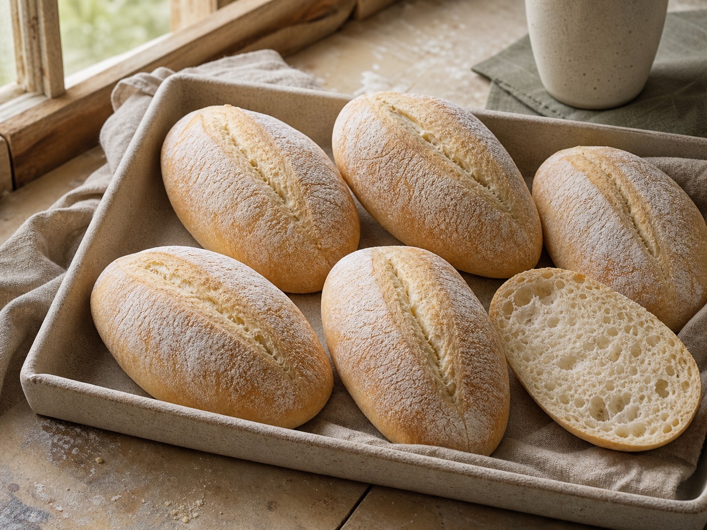 Portuguese-style sourdough papo secos dusted with flour in a linen-lined basket.