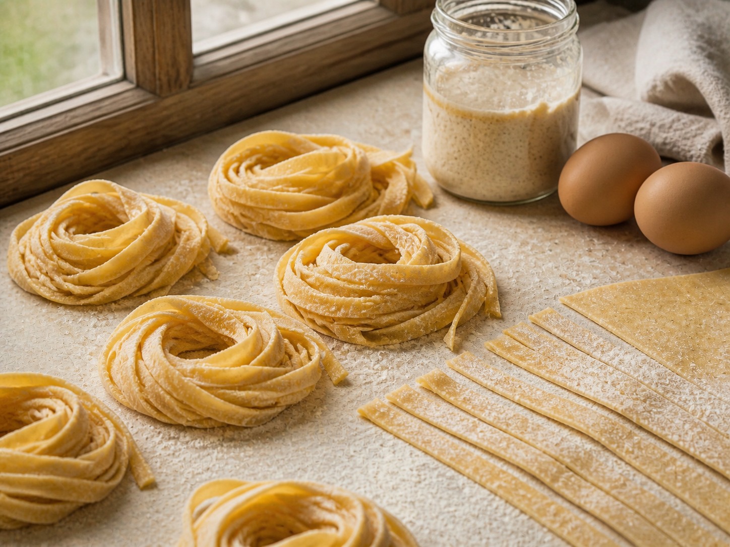 Fresh flour-dusted sourdough pasta nests beside cut ribbons, bubbly starter, and eggs.