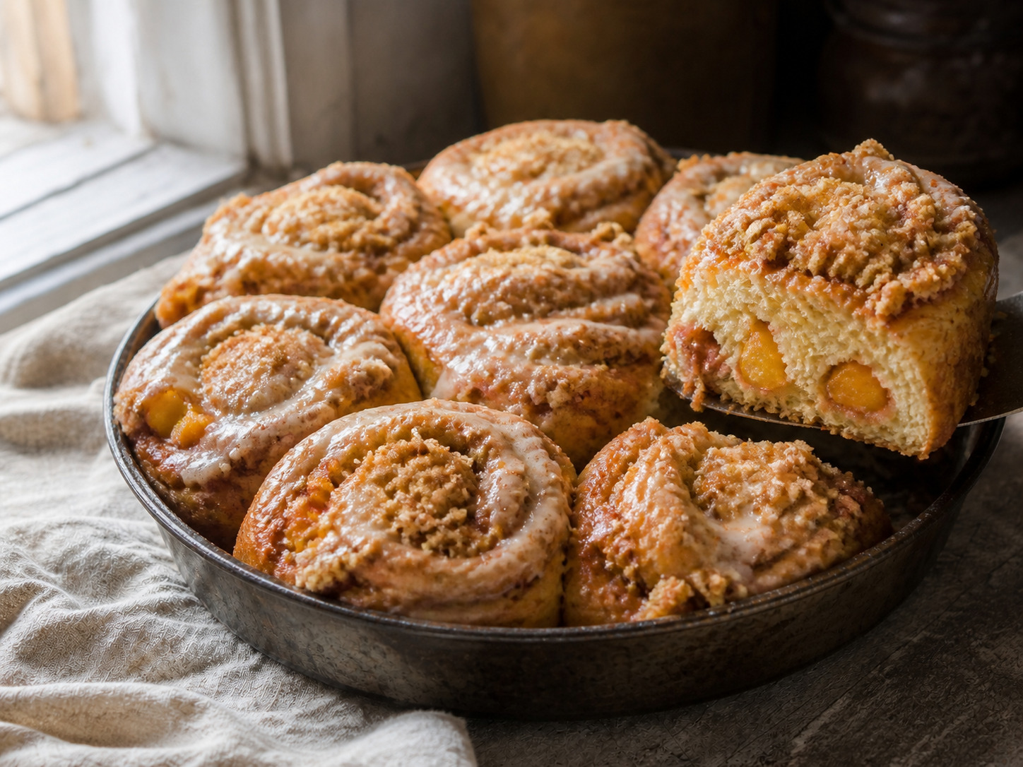 Golden sourdough peach cobbler cinnamon rolls with visible peach filling, buttery crumb topping, and vanilla glaze.