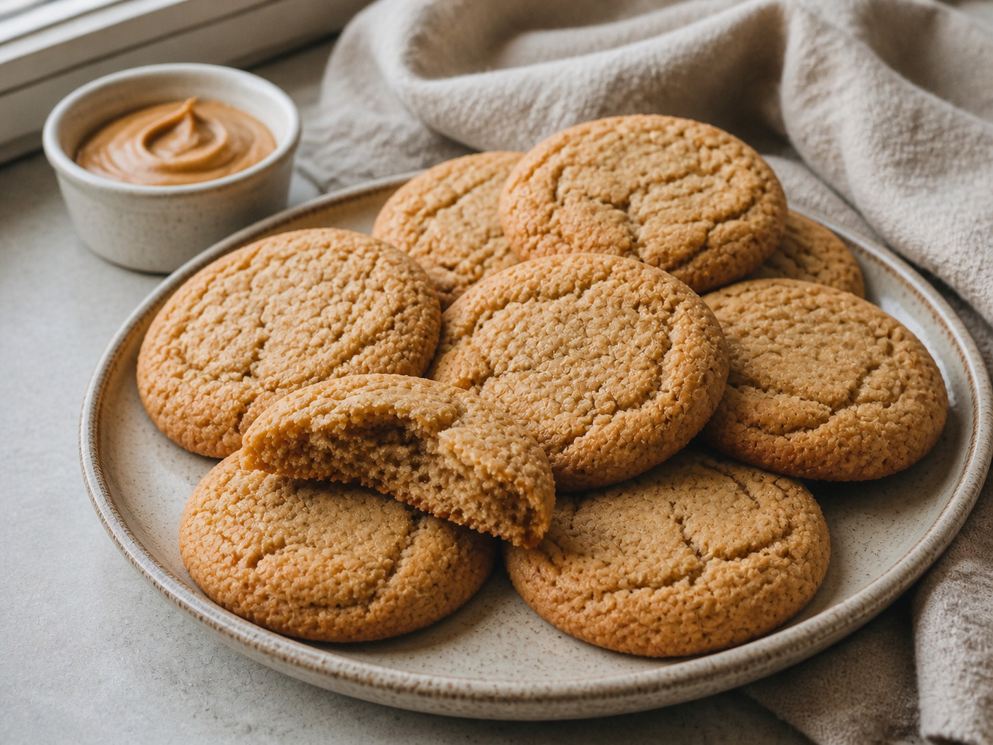 Soft golden sourdough peanut butter cookies with crackled tops on a ceramic plate, one broken open beside a ramekin of peanut butter.