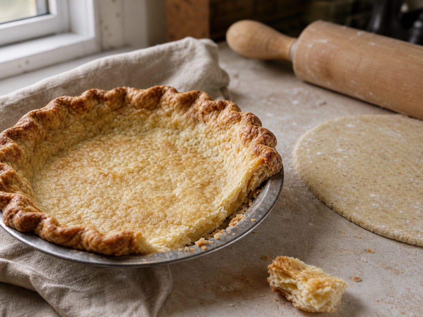Flaky sourdough pie crust baked golden in a ceramic pie dish.