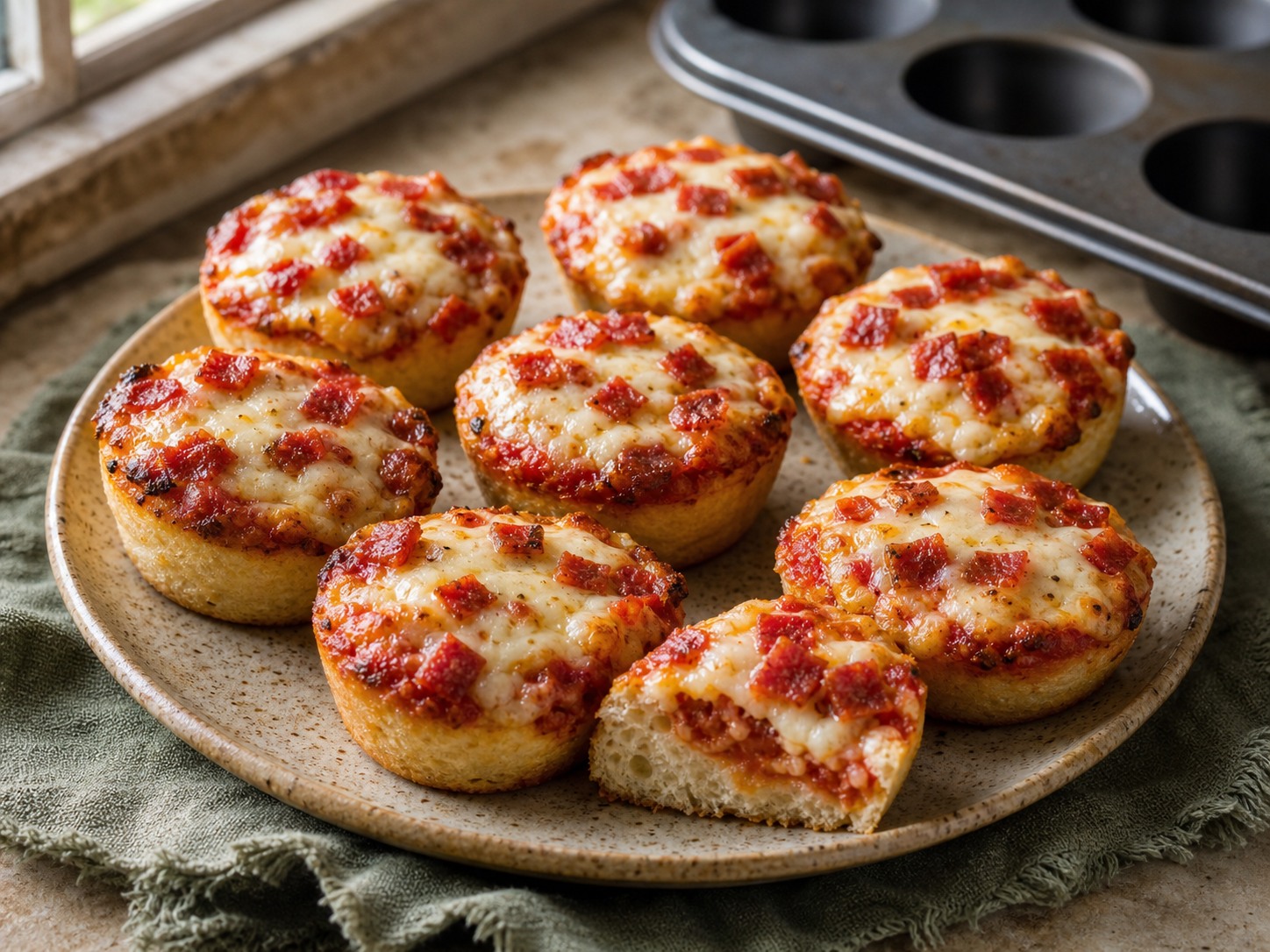 Eight golden sourdough pizza bites topped with melted mozzarella and diced pepperoni on a ceramic plate.