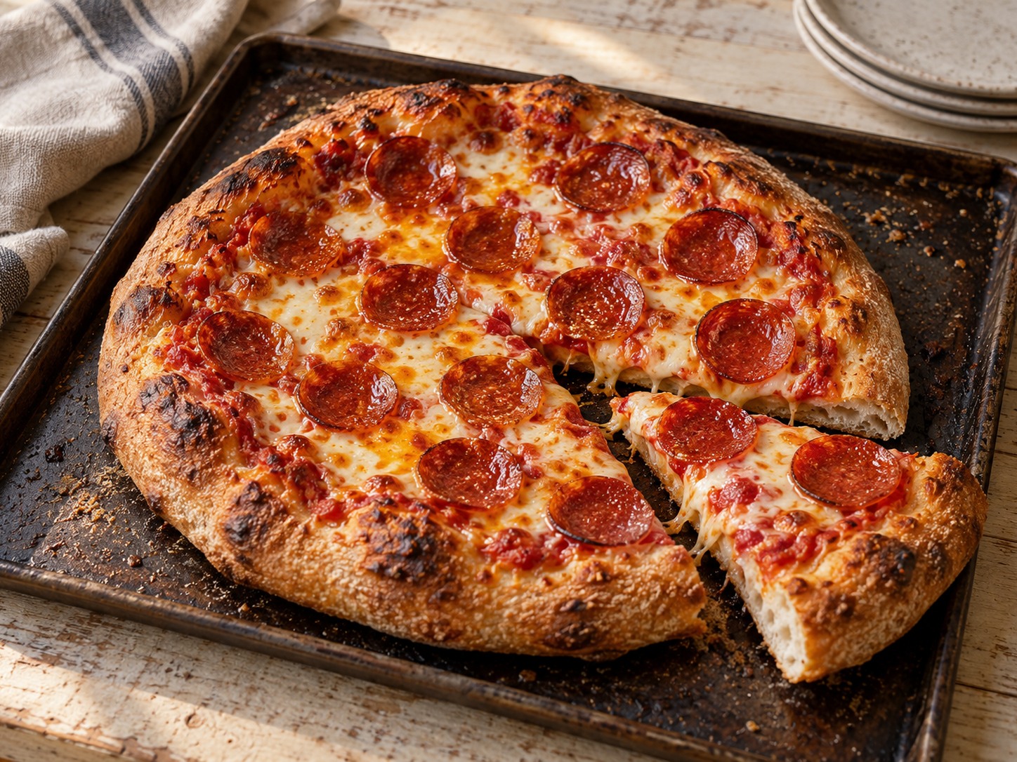 Homemade sourdough pepperoni pizza on a metal baking sheet with melted cheese and a browned puffy crust.
