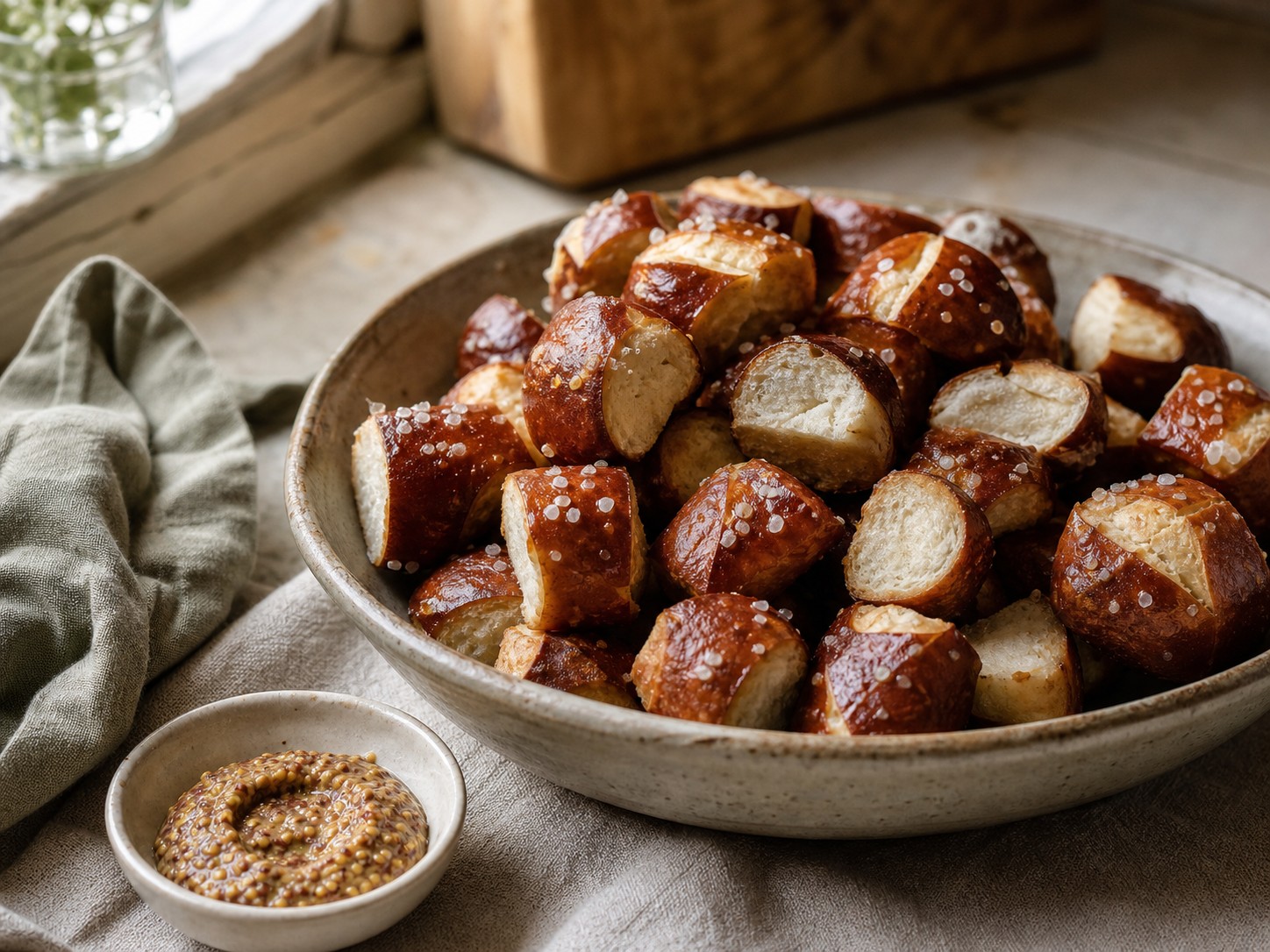 Glossy salted sourdough pretzel bites gathered in a ceramic bowl with mustard.
