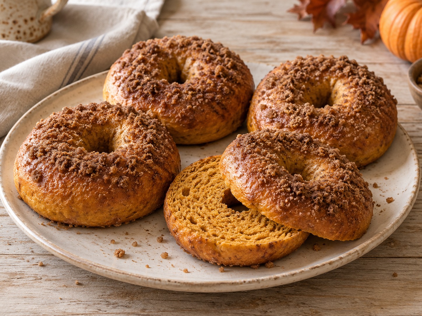 Golden pumpkin sourdough bagels with cinnamon-sugar topping, one sliced to show its orange crumb on a cream plate.