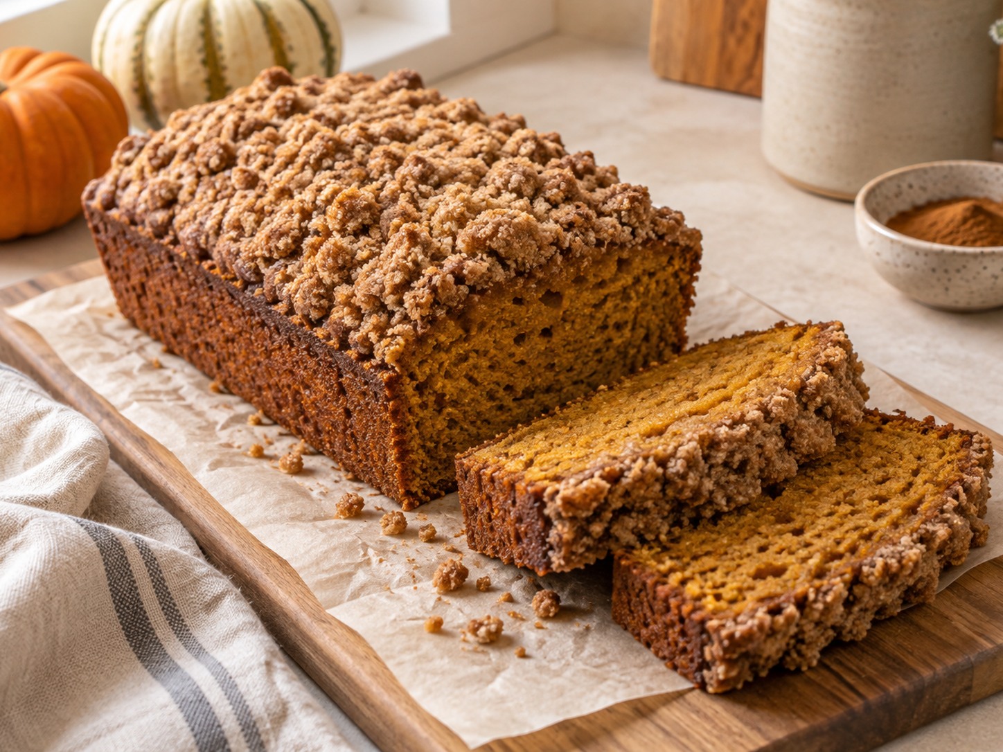 Sliced sourdough pumpkin cake loaf topped with crumbly cinnamon streusel.