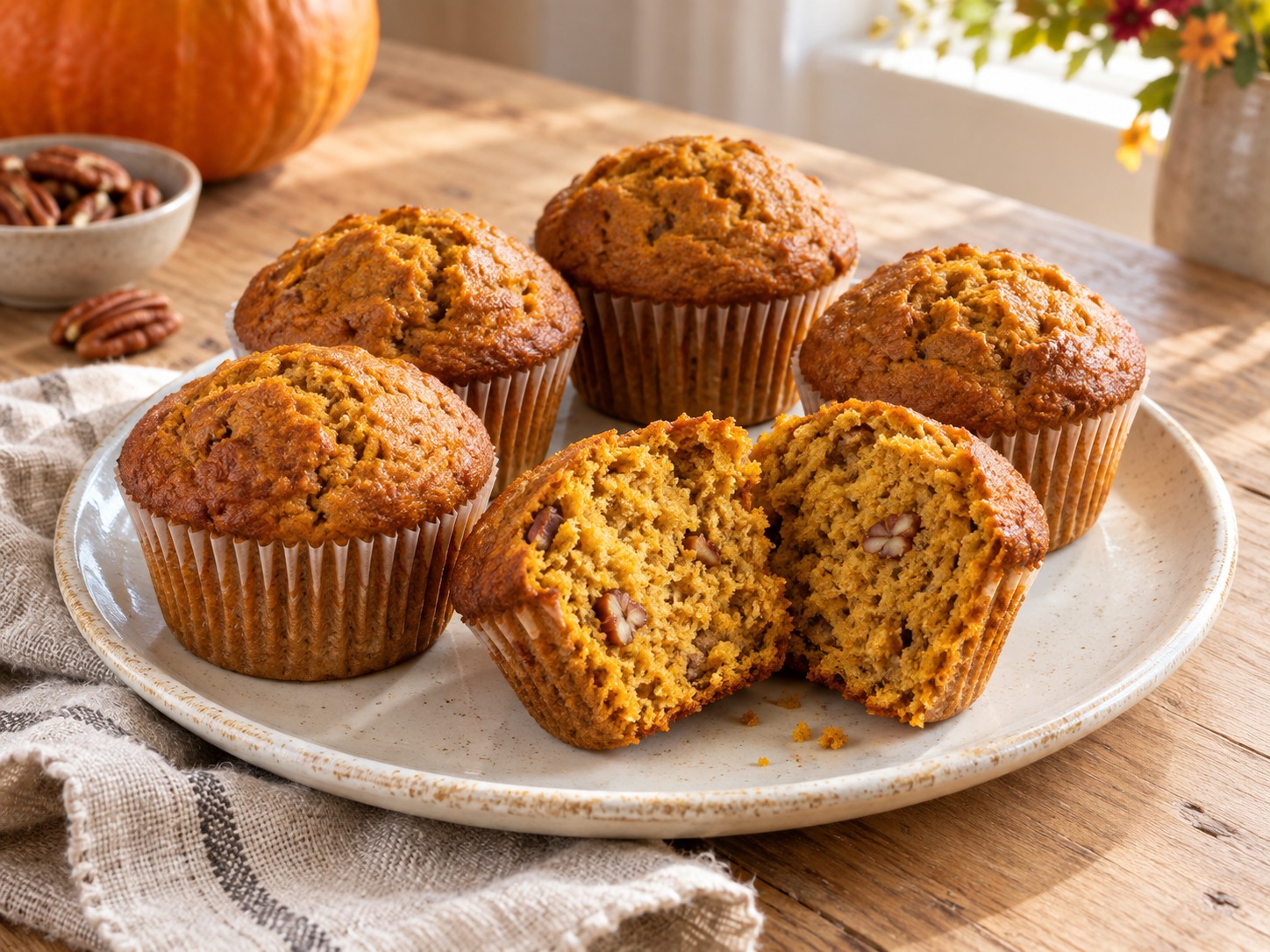 Golden pumpkin muffins in paper liners on a cream plate, with one split open to show its tender crumb and pecan pieces.