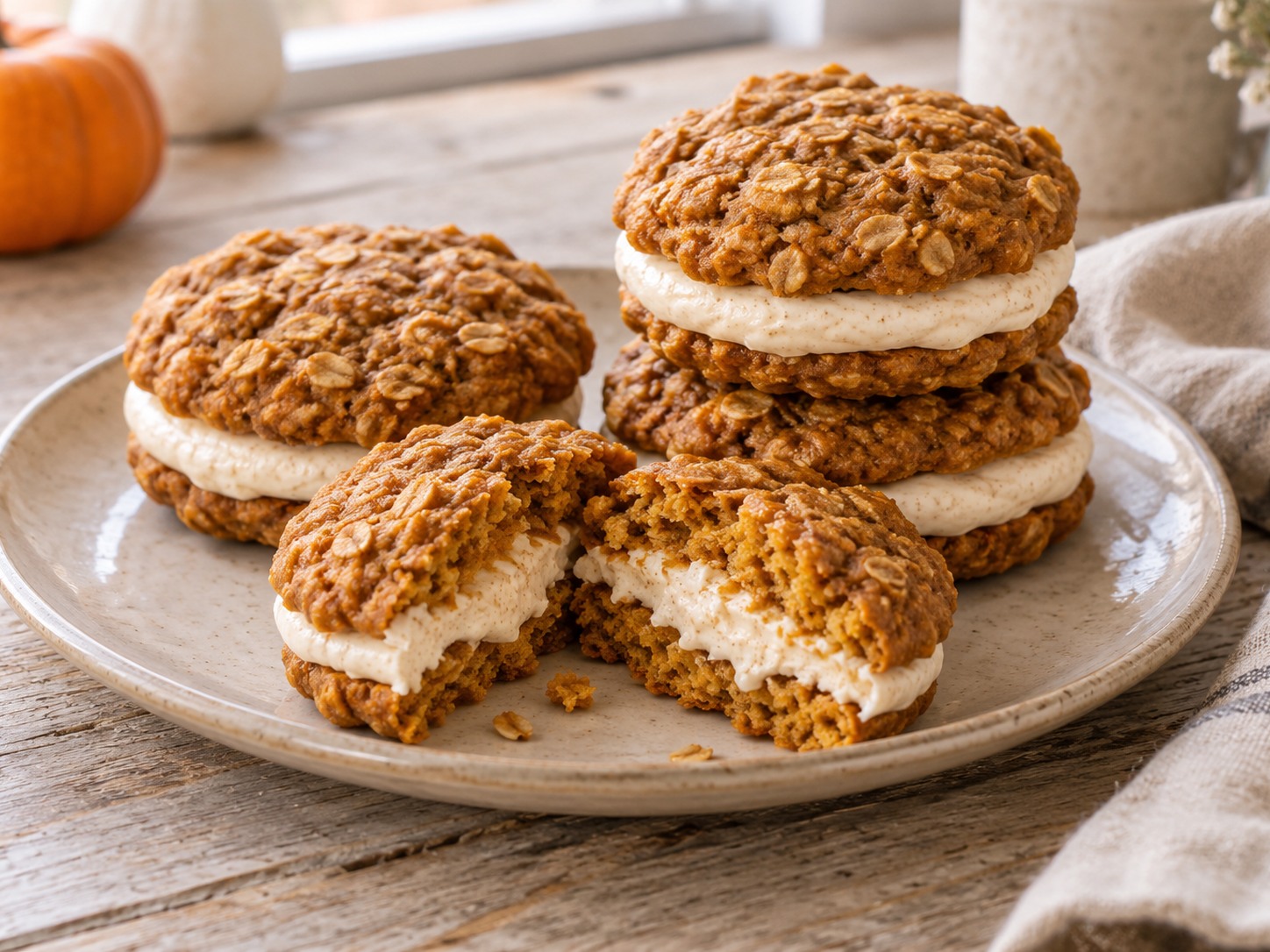 Pumpkin oatmeal sandwich cookies with ivory cream cheese filling, one broken open to show the oat-studded crumb.