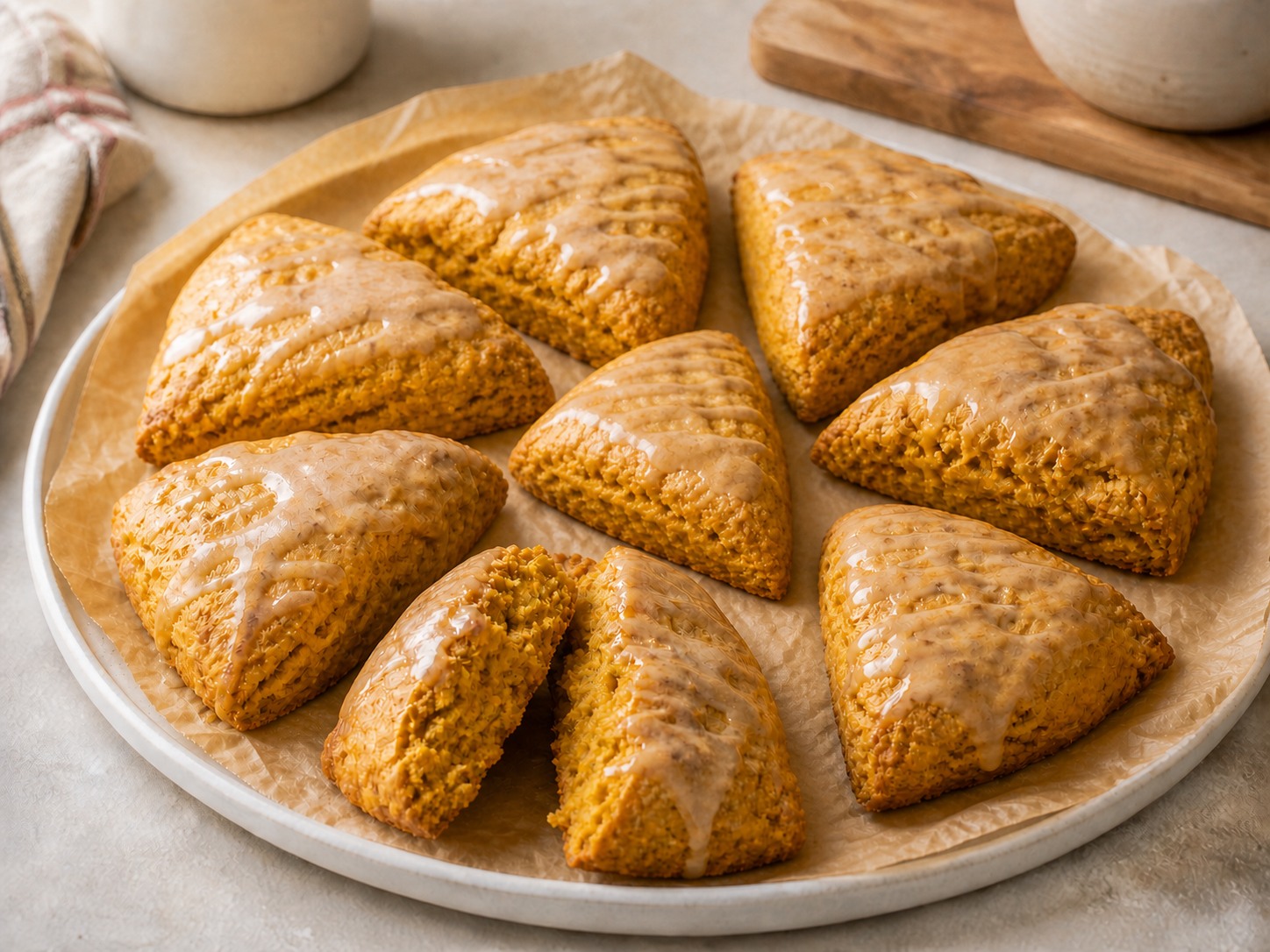Eight glazed sourdough pumpkin scones with golden-orange craggy edges, one split to show its tender crumb.