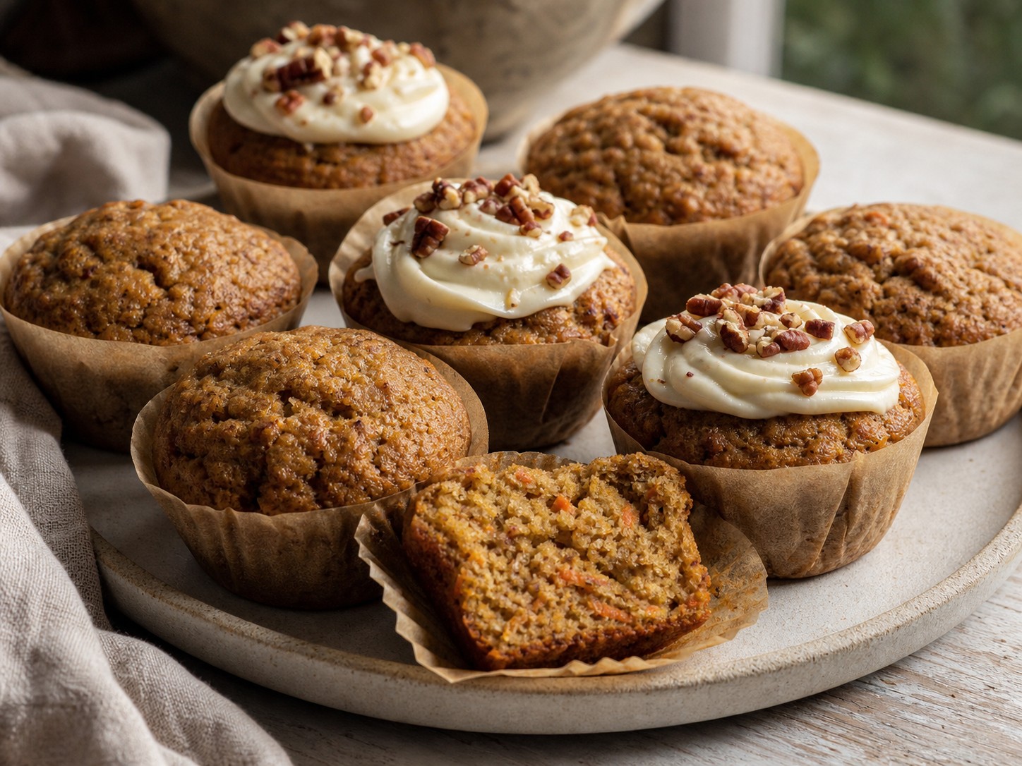 Spiced sourdough carrot cake muffins with domed tops and a tender crumb.