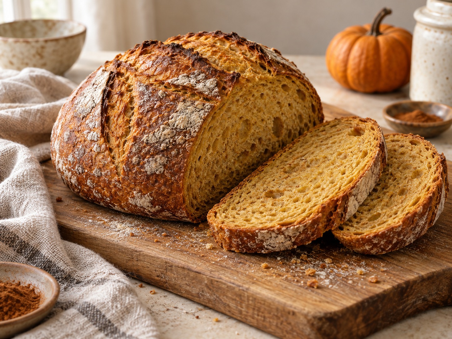 A golden scored sourdough pumpkin spice boule with two slices showing its pumpkin-tinted crumb on a wooden board.