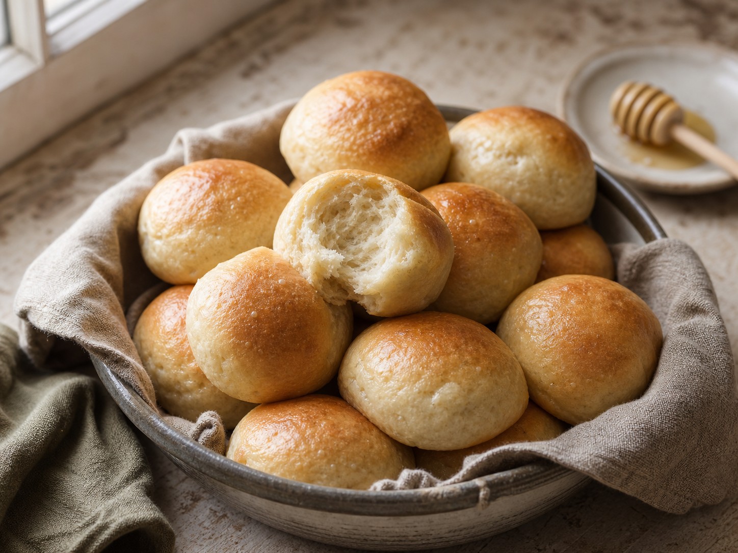 Soft honeyed sourdough rolls baked golden and touching in a round pan.